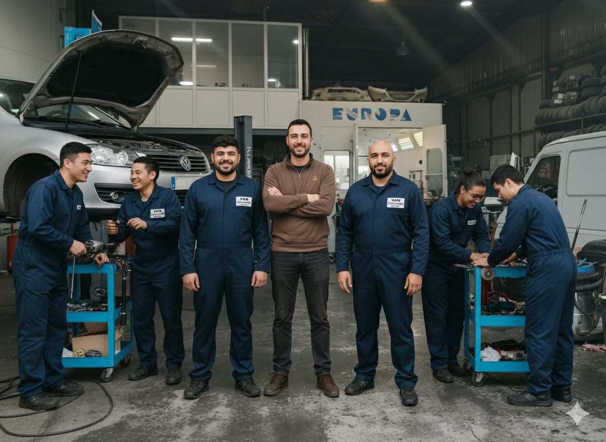 Cinq mécaniciens se tiennent dans un garage, à côté de chariots à outils bleus et d'une voiture dont le capot est ouvert.