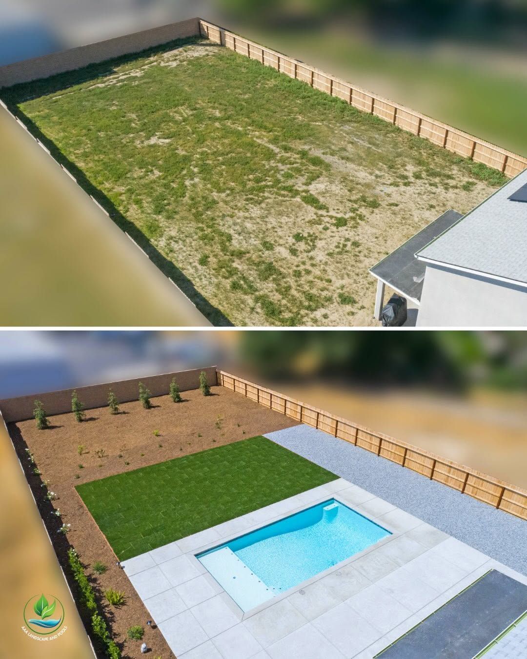 Before-and-after backyard landscaping with a lawn, pool, patio, and perimeter fence.