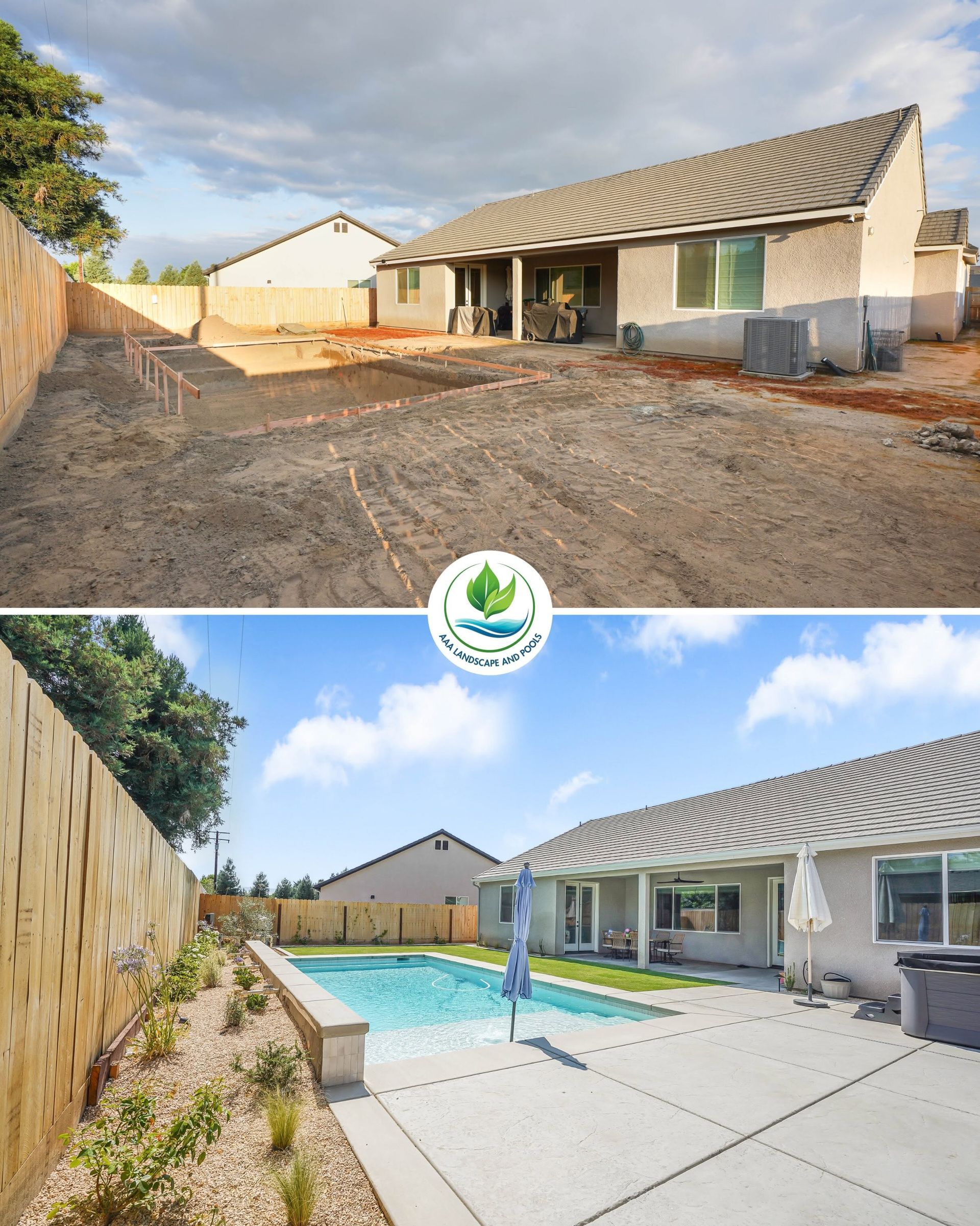 Backyard patio with pool and concrete deck, shown before and after landscaping construction.