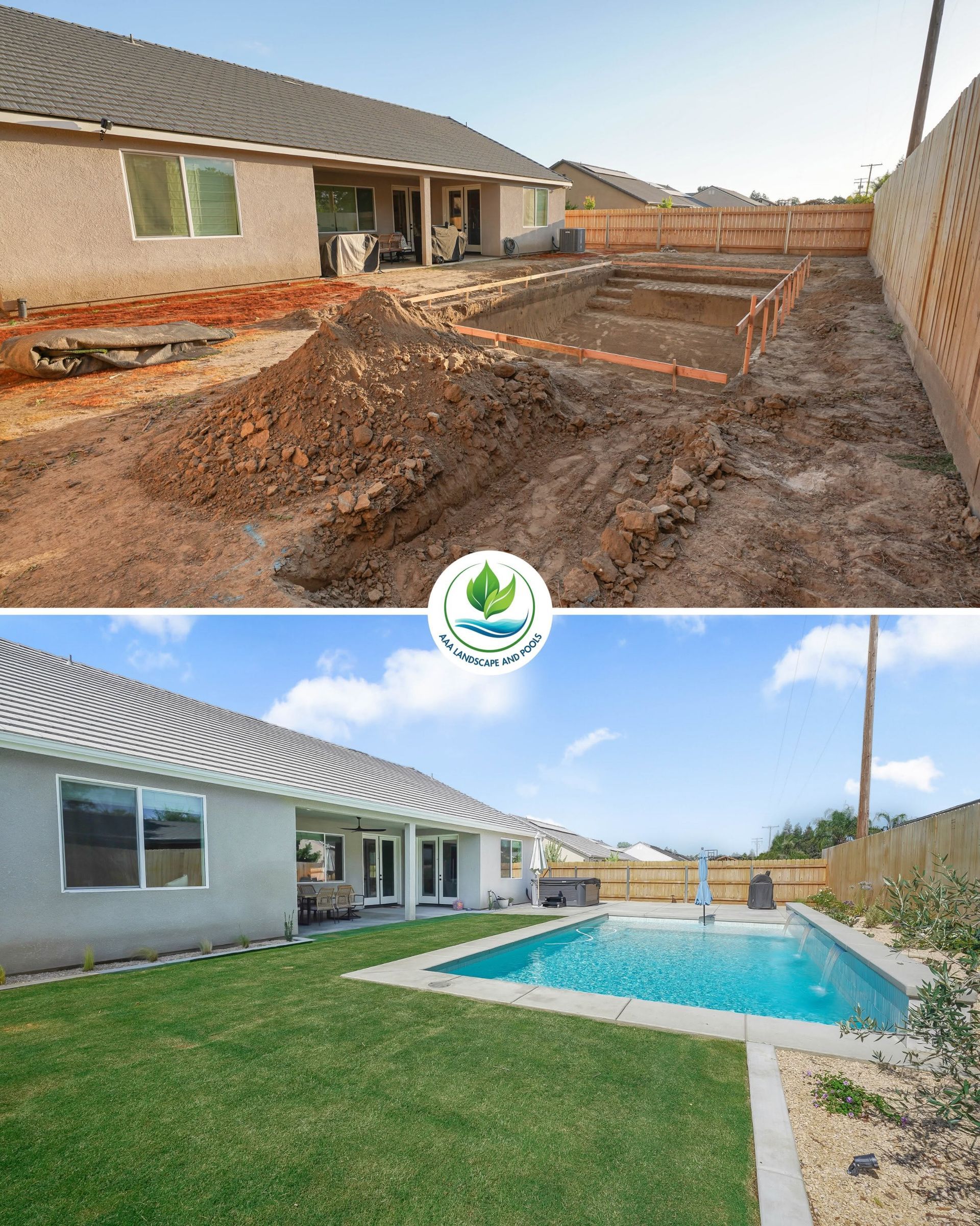 Backyard patio and pool before-and-after: bare dirt transforms into green lawn and blue swimming pool
