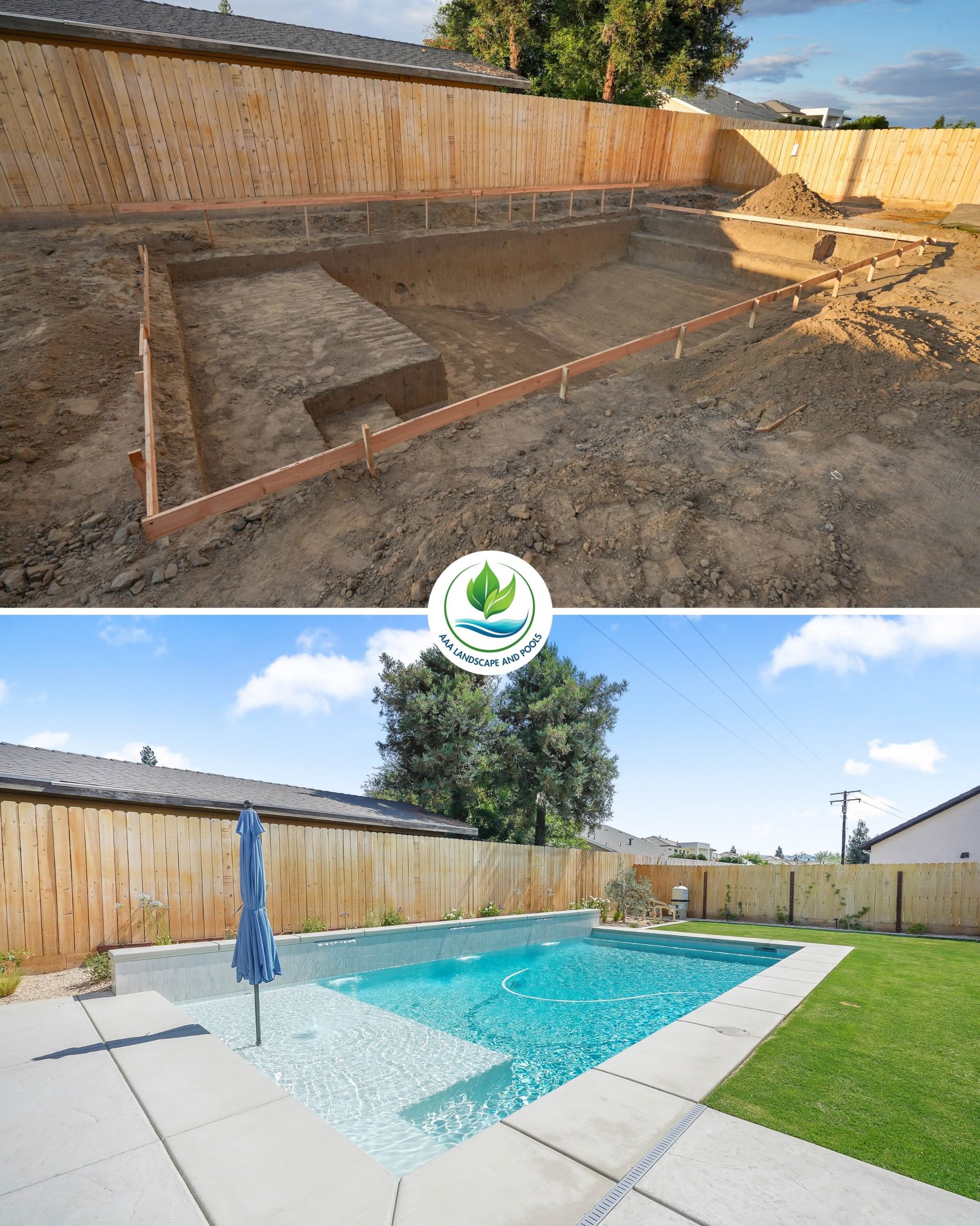Before-and-after backyard pool build: dirt excavation above, finished blue pool with patio below.