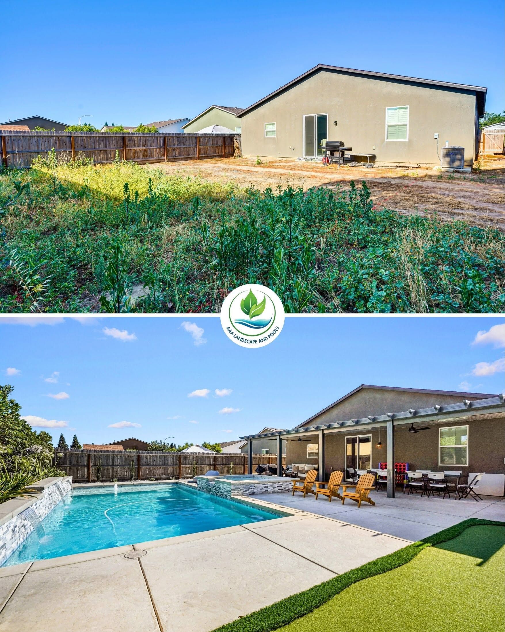 Backyard home exterior with pool, patio seating, and green lawn under clear blue sky