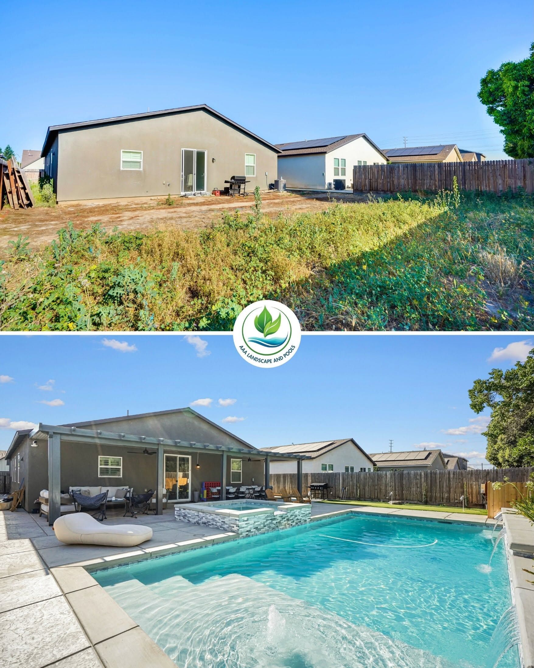 Before-and-after backyard view: overgrown yard transformed into a paved pool patio with swimming pool and house.