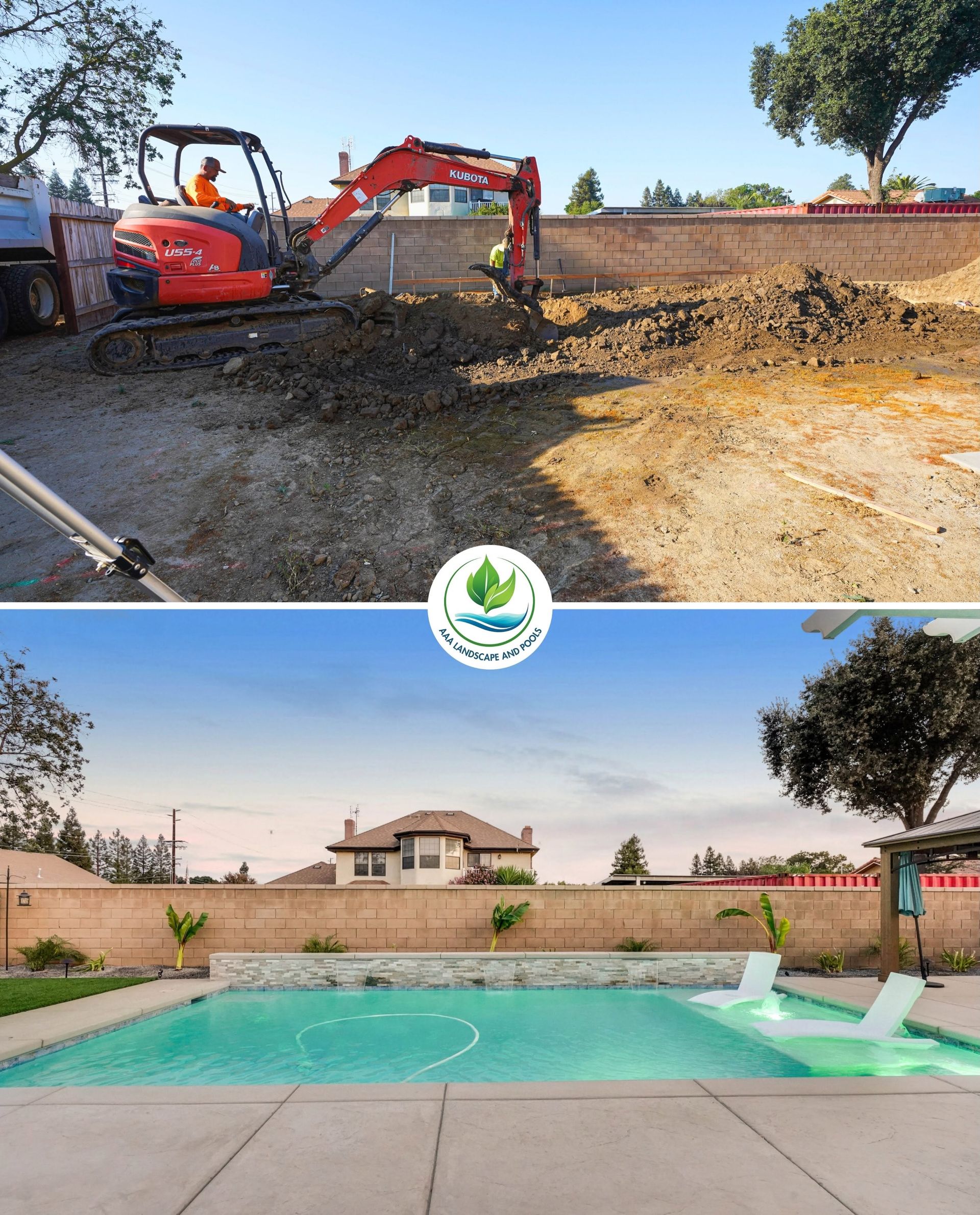 Backyard before-and-after: excavator levels dirt, then a finished turquoise pool and patio.