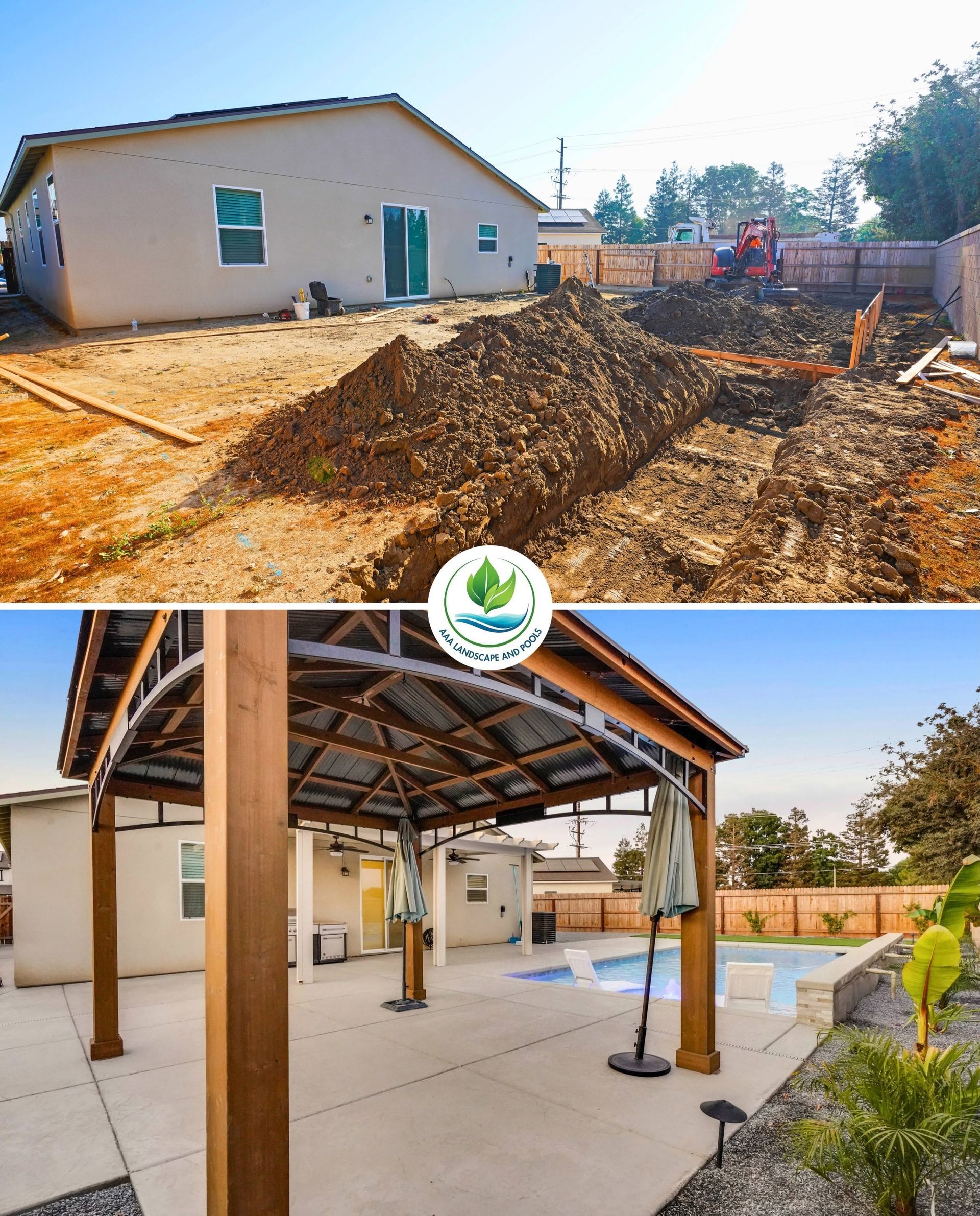 Construction site before-and-after: house under build, excavated dirt and completed patio with pool and pergola.