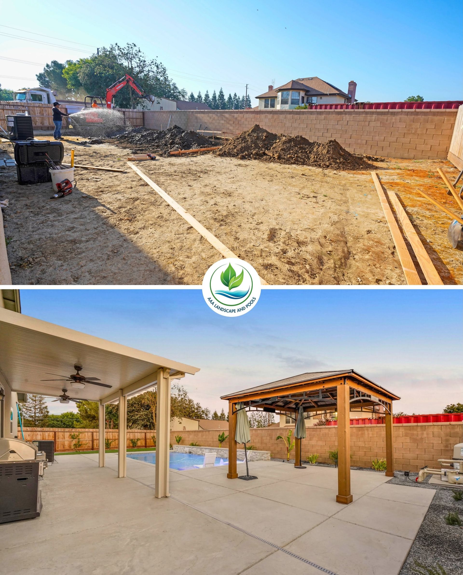 Before-and-after backyard construction: dirt lot transformed into a paved patio with pergola and patio cover