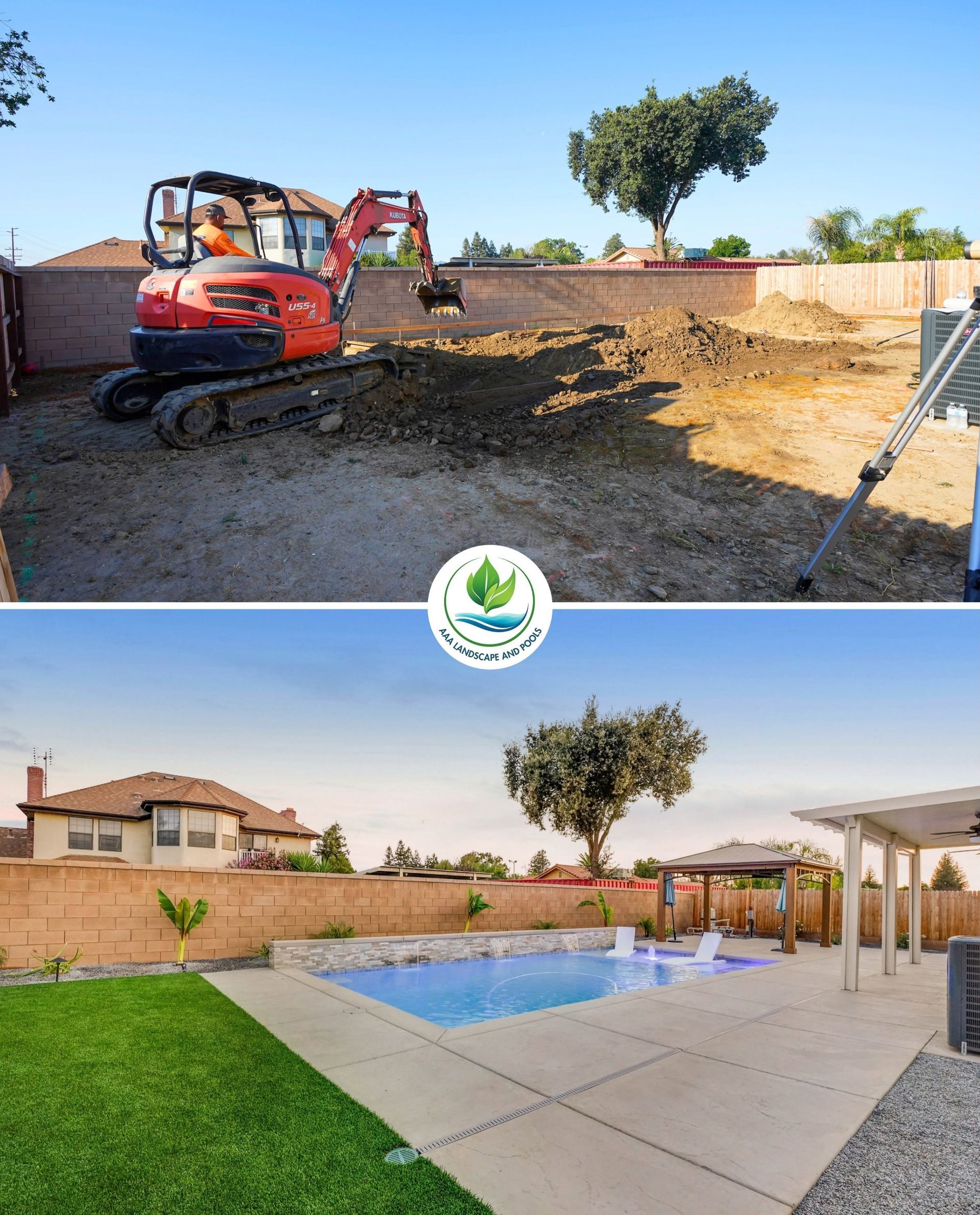 Before-and-after backyard makeover: excavator on dirt lot above, finished patio, pool, and lawn below
