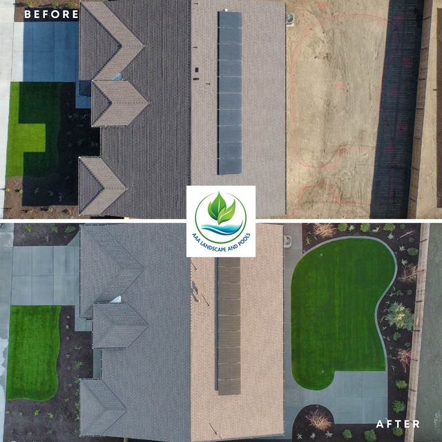 Aerial before-and-after view of a landscape makeover with lawn, roof, and driveway changes.