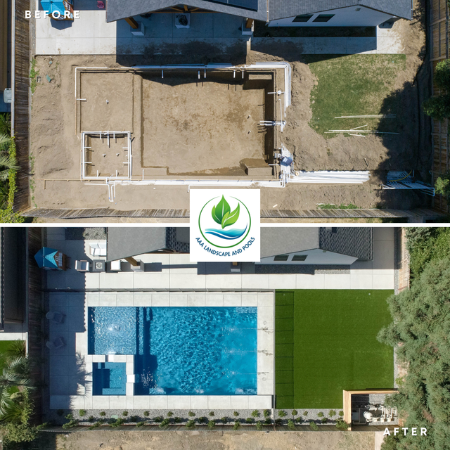 Before-and-after aerial view of a backyard transformed from dirt to a pool, lawn, and patio.