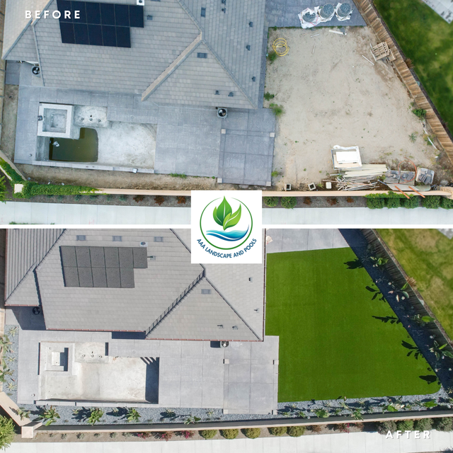 Aerial before-and-after view of a house roof and yard, showing new green lawn and landscaping.