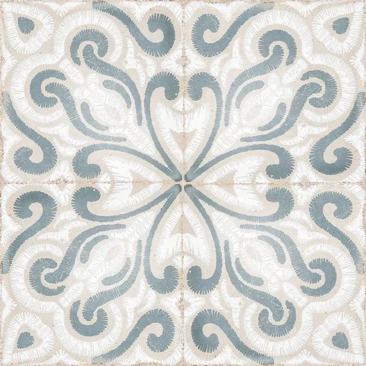 Symmetrical floral tile pattern in soft beige, white, and pale blue-gray tones