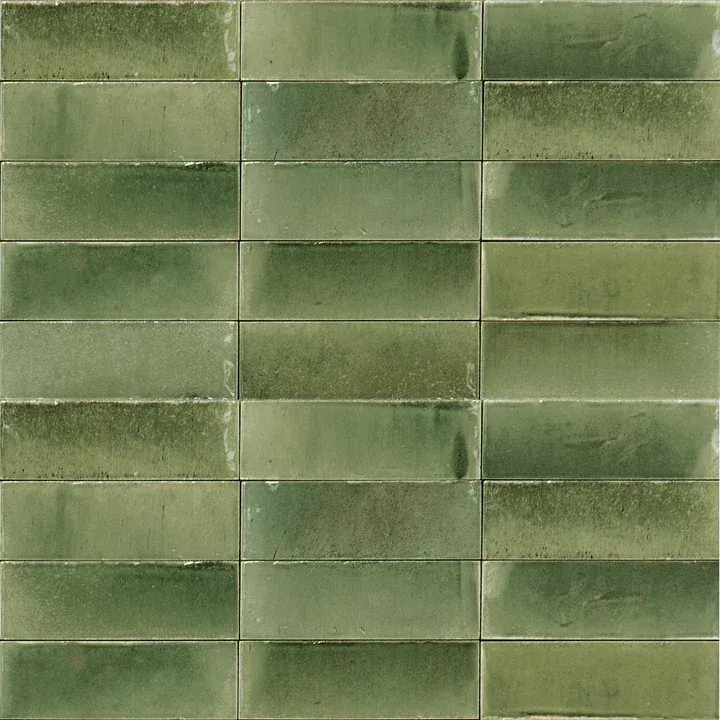 Green glazed brick wall with staggered horizontal tiles