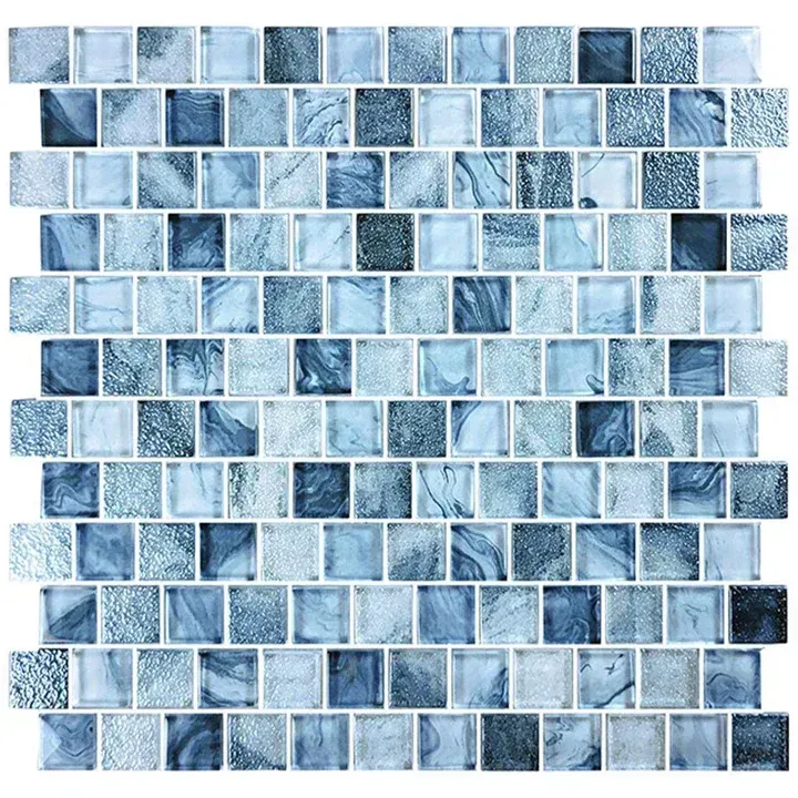 Blue mosaic tile pattern with small square tiles in varied shades of blue and white