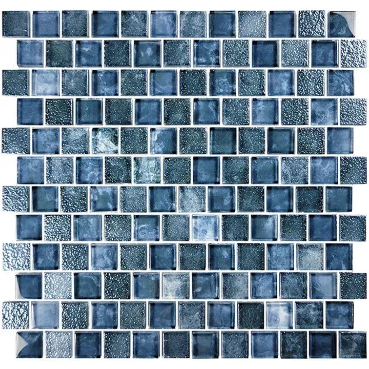 Blue mosaic tile pattern with rows of small square tiles on a white background