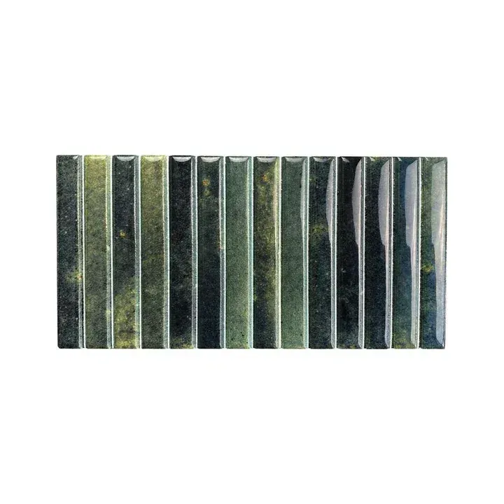 Vertical green-gray glass or stone tiles arranged in a narrow striped pattern