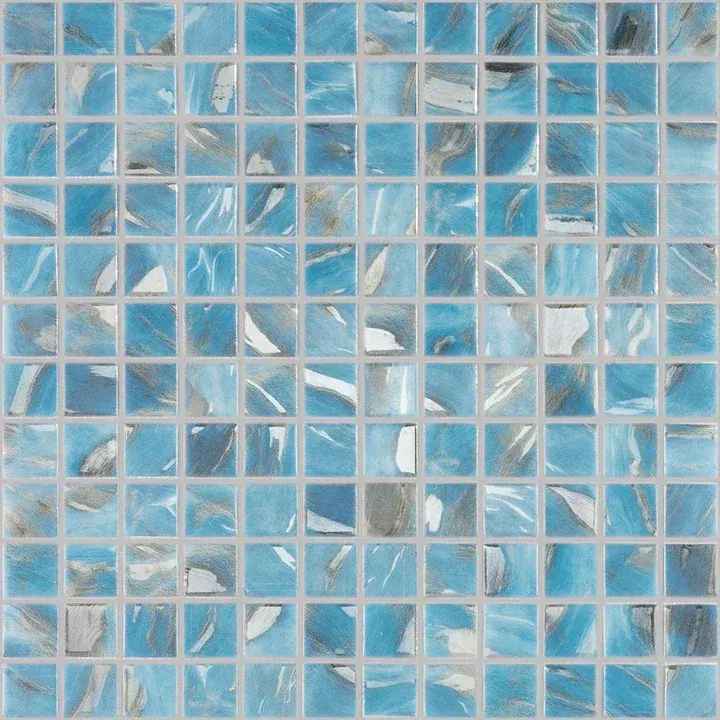 Blue and white mosaic tile pattern with a glossy, cracked-glass look