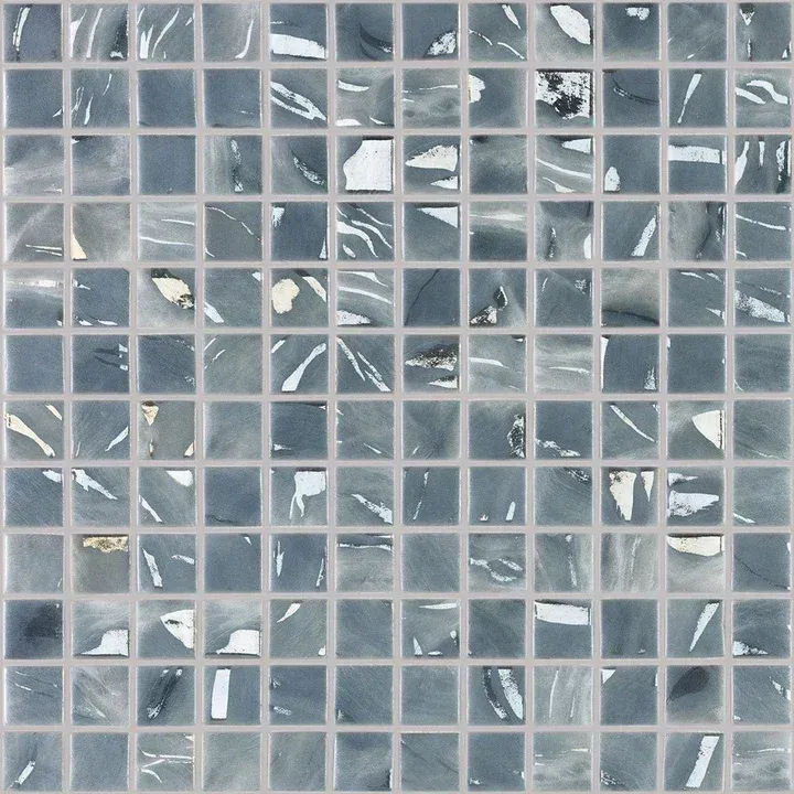 Gray glass mosaic tiles with a subtle crackled texture