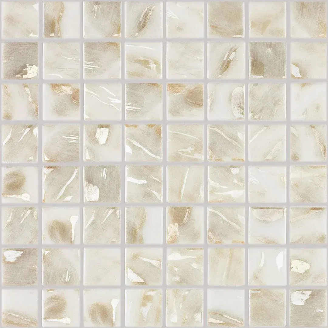 Cream-colored mosaic tiles with glossy, irregular beige and white shards.