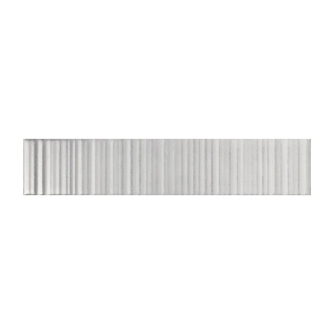 Long, narrow silver-gray corrugated metal panel on a white background