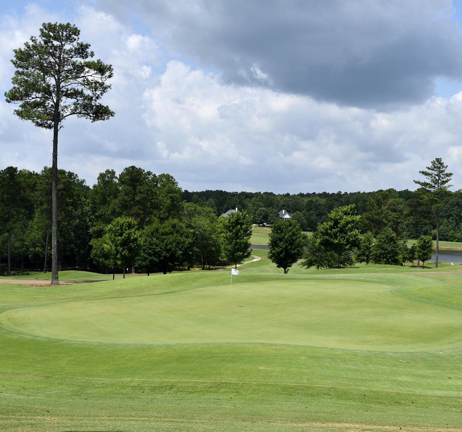 A golf course with trees and a lake in the background