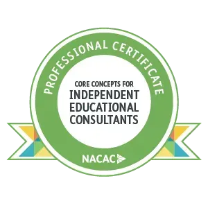 NACAC Professional Certificate badge for independent educational consultants, green and white emblem