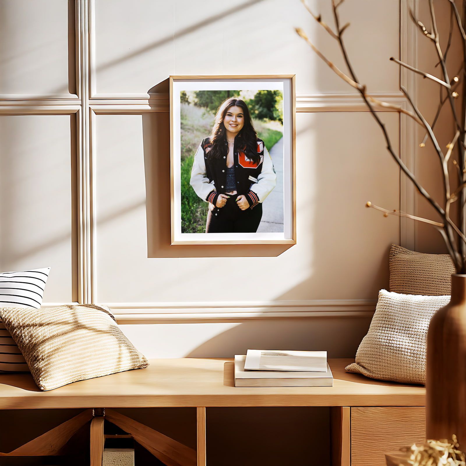 Framed senior portrait displayed on a wall by Joan Cuenco