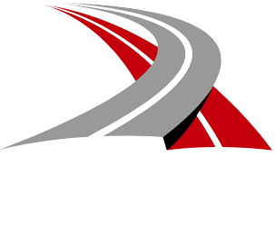 Red and gray road graphic, curving through space, suggesting movement.