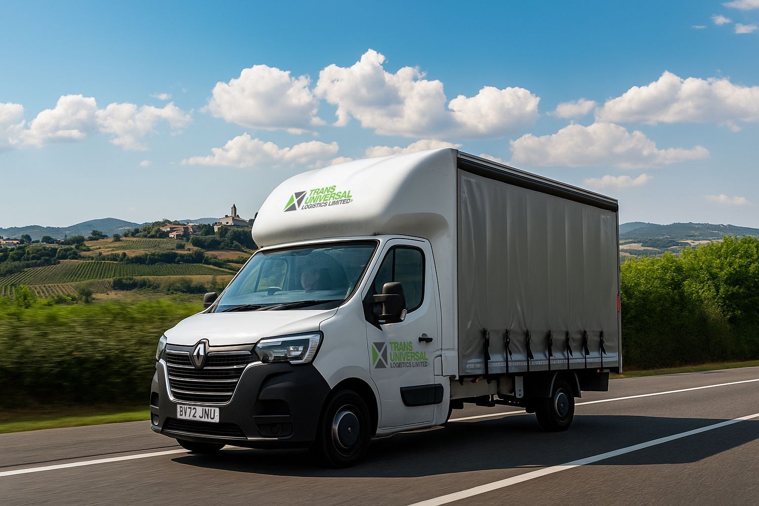 White delivery van driving on a road in a scenic landscape with a blue sky and clouds.