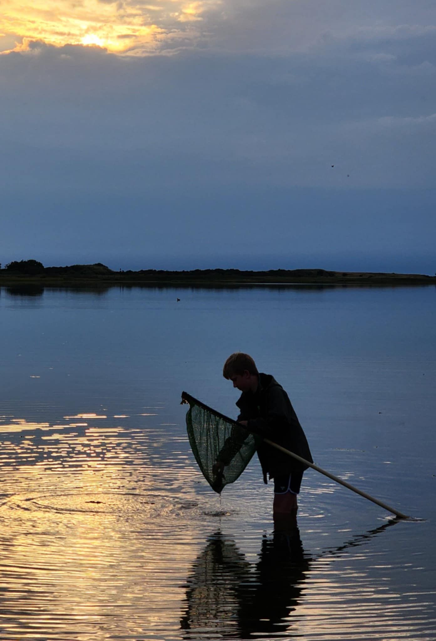 Aftenfiskeri med net ved den smukke solnedgang.