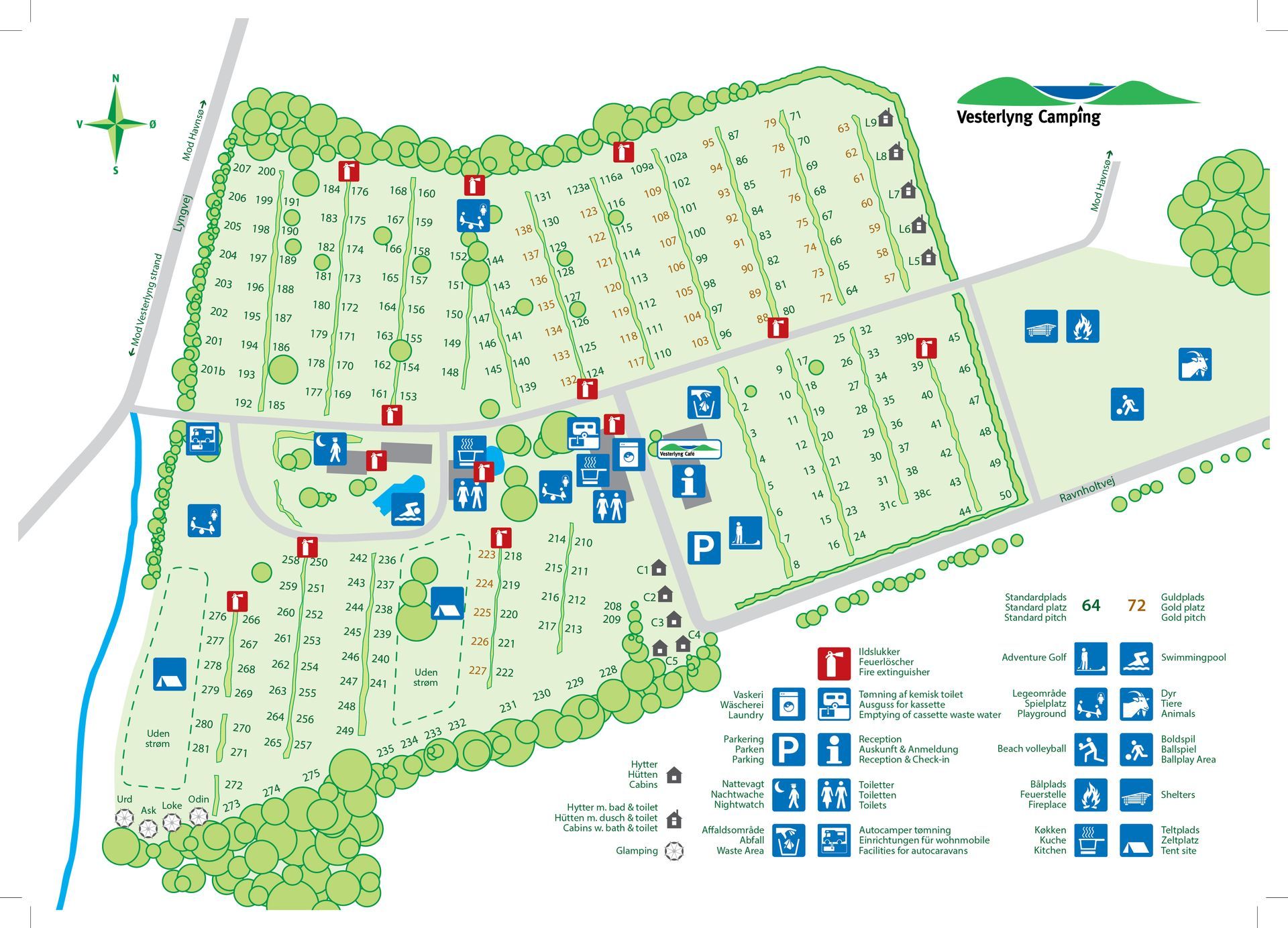 Oversigtskort der viser alle faciliteterne på Vesterlyng Camping.