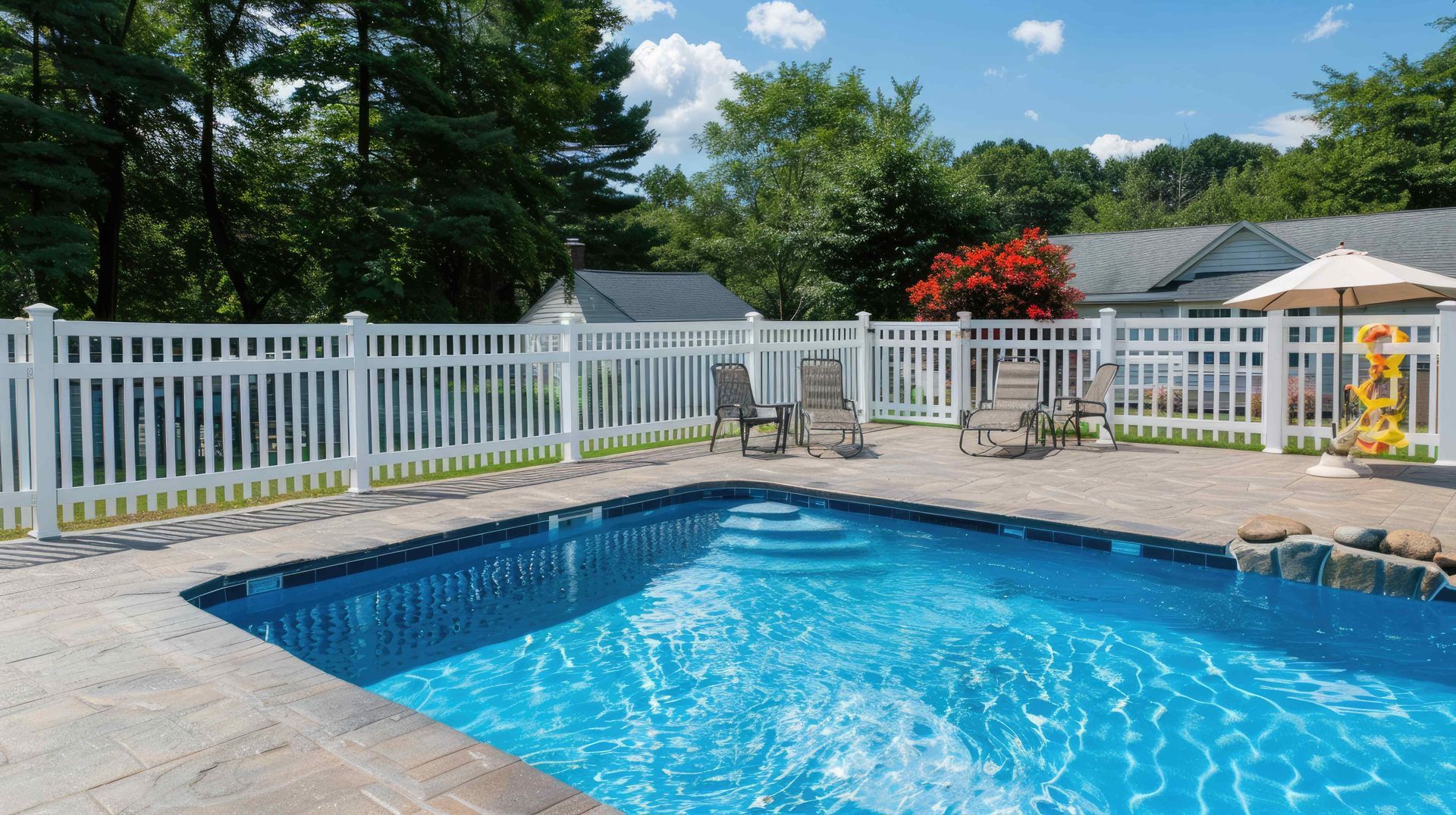 A large swimming pool surrounded by a white fence and chairs.