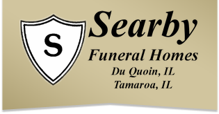 Searby Funeral Homes logo with shield, black text, and locations Du Quoin, IL and Tamaroa, IL