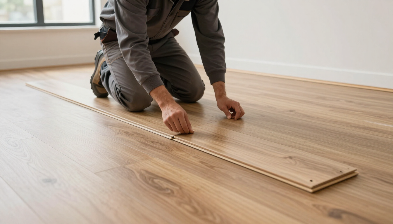 Instalador aplicando réguas de piso laminado em ambiente comercial