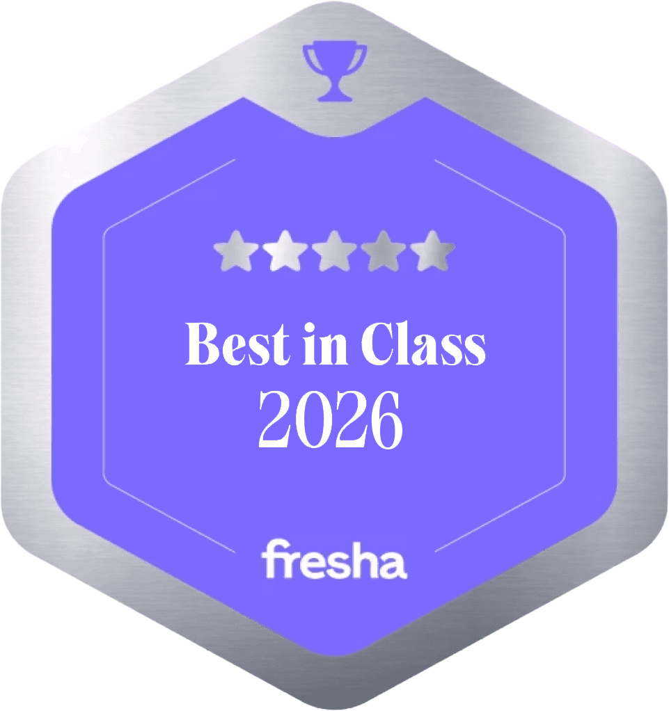 Purple award badge reading “Best in Class 2026” with five stars and the Fresha logo.
