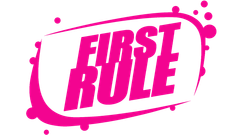 Pink “FIRST RULE” text in a bold, slanted logo with splash accents on a white background
