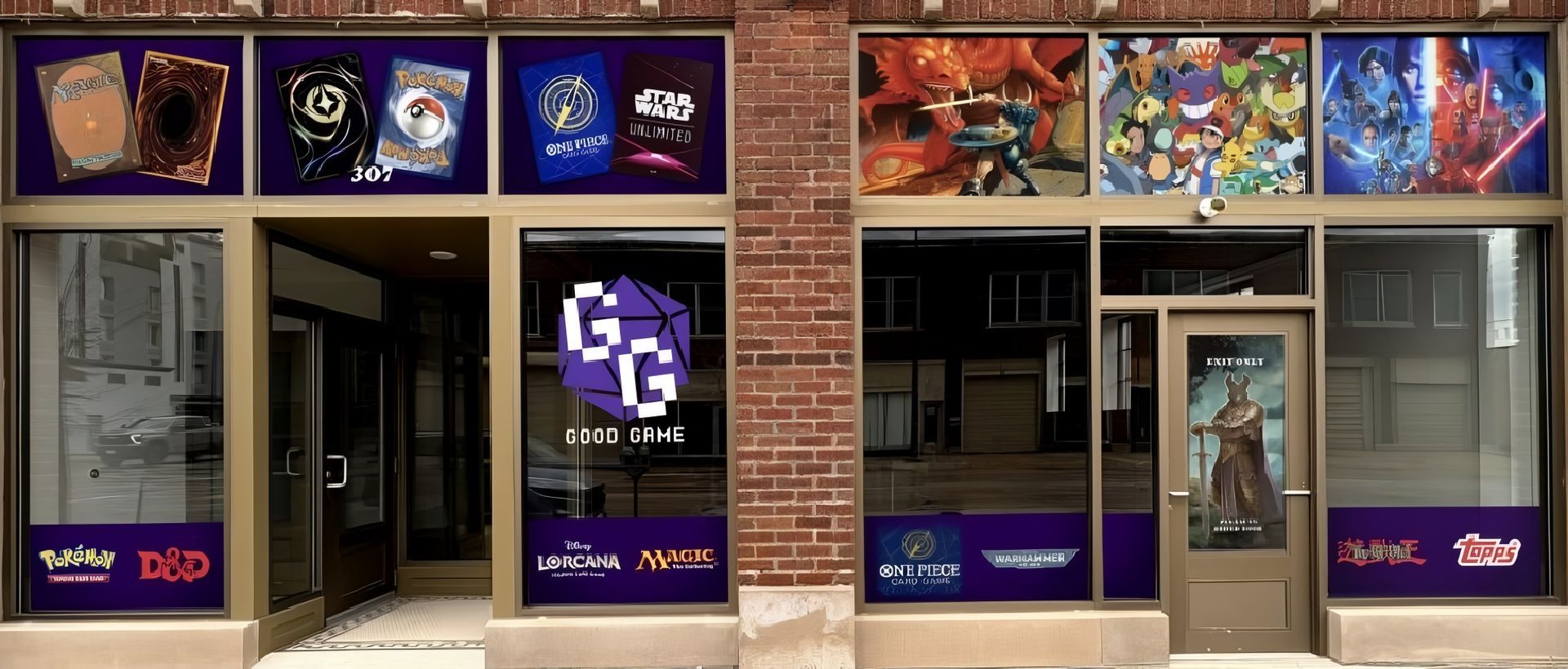 Exterior of a game store: purple accents, brick facade, gaming posters, and the logo