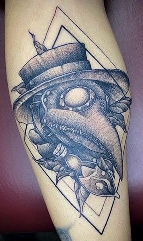 A black and white tattoo of a plague doctor wearing a top hat.
