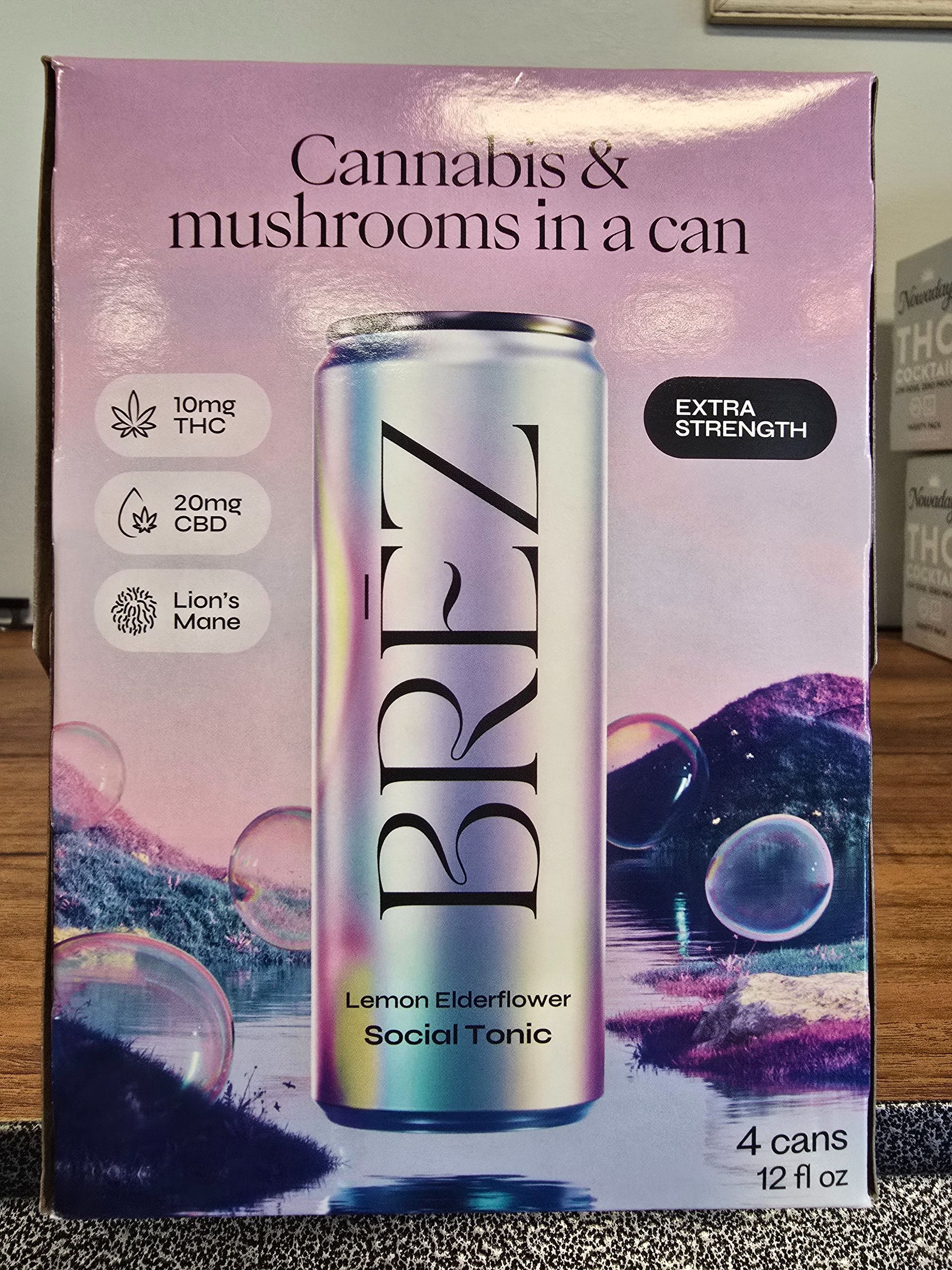 BREZ cannabis mushroom drink carton in pink-purple design with “4 cans” label