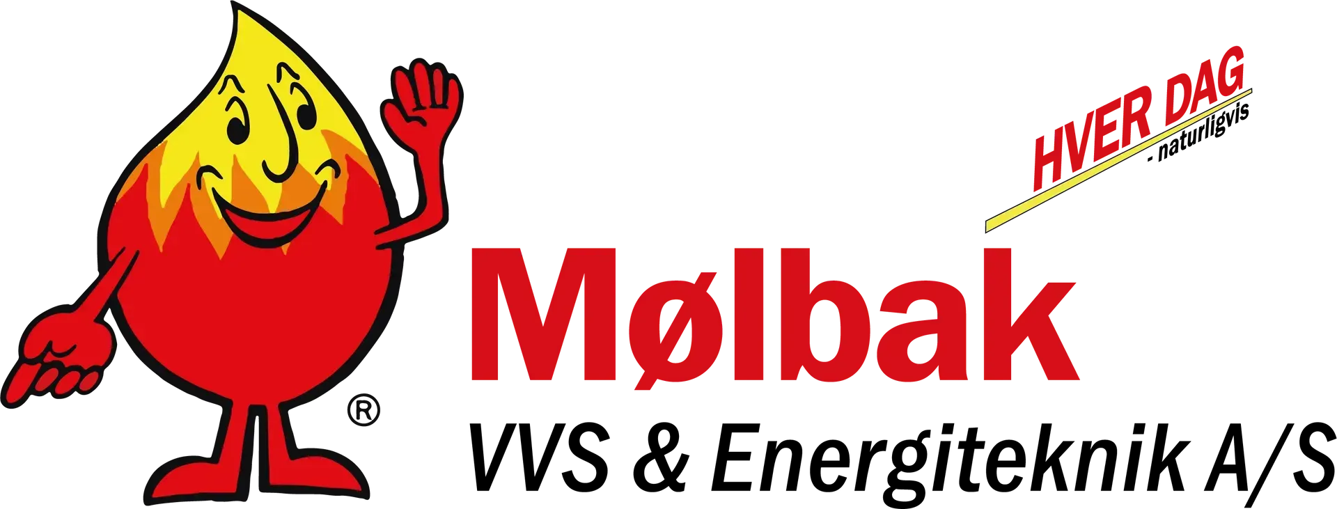 Logo for Mølbak VVS & Energiteknik A/S med en tegneseriefigur af en flamme og firmanavnet i rød tekst.
