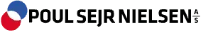 Logo for Poul Sejr Nielsen A/S med en blå og rød cirkelgrafik ved siden af sort tekst.