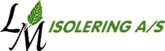 Logo for LM Isolering A/S med sorte serifbogstaver med et grønt bladikon og grøn tekst til højre.