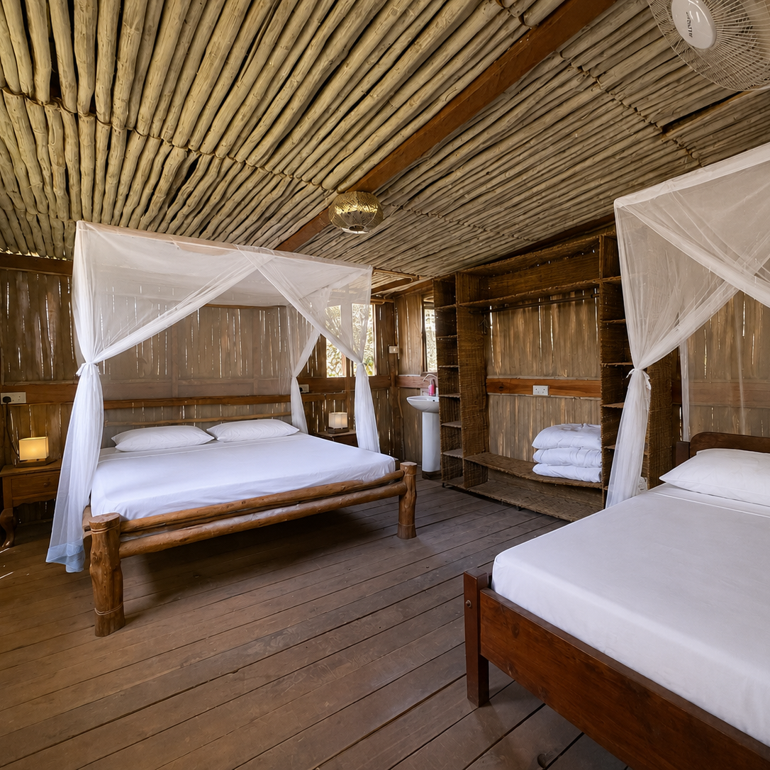 View from a room with bunk beds, through an open door and screen to an ocean scene.