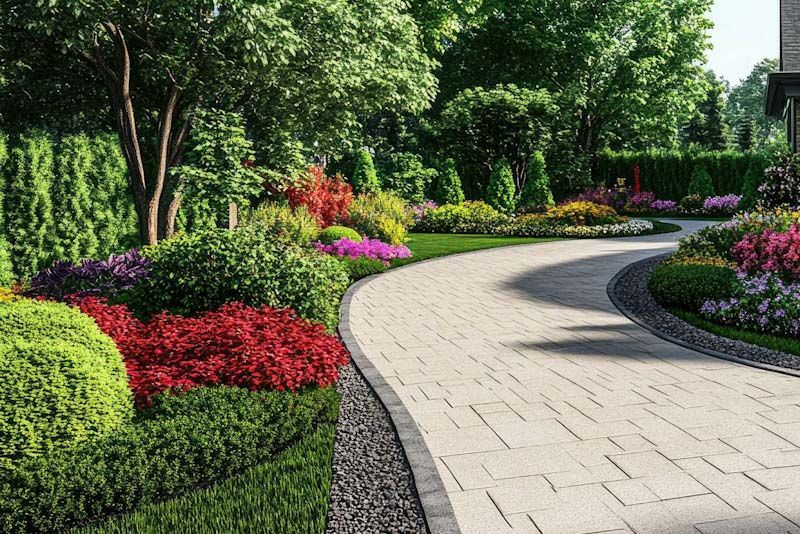 Curved stone garden path bordered by colorful flowers, shrubs, and trees in a lush landscaped park