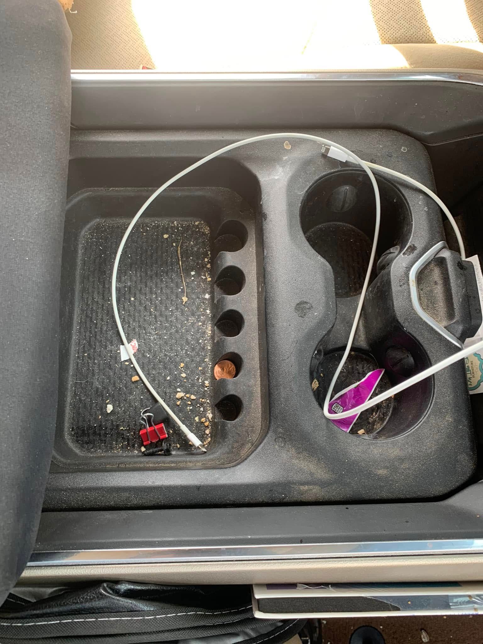 Car interior center console with cupholders, storage tray, and a white charging cable.