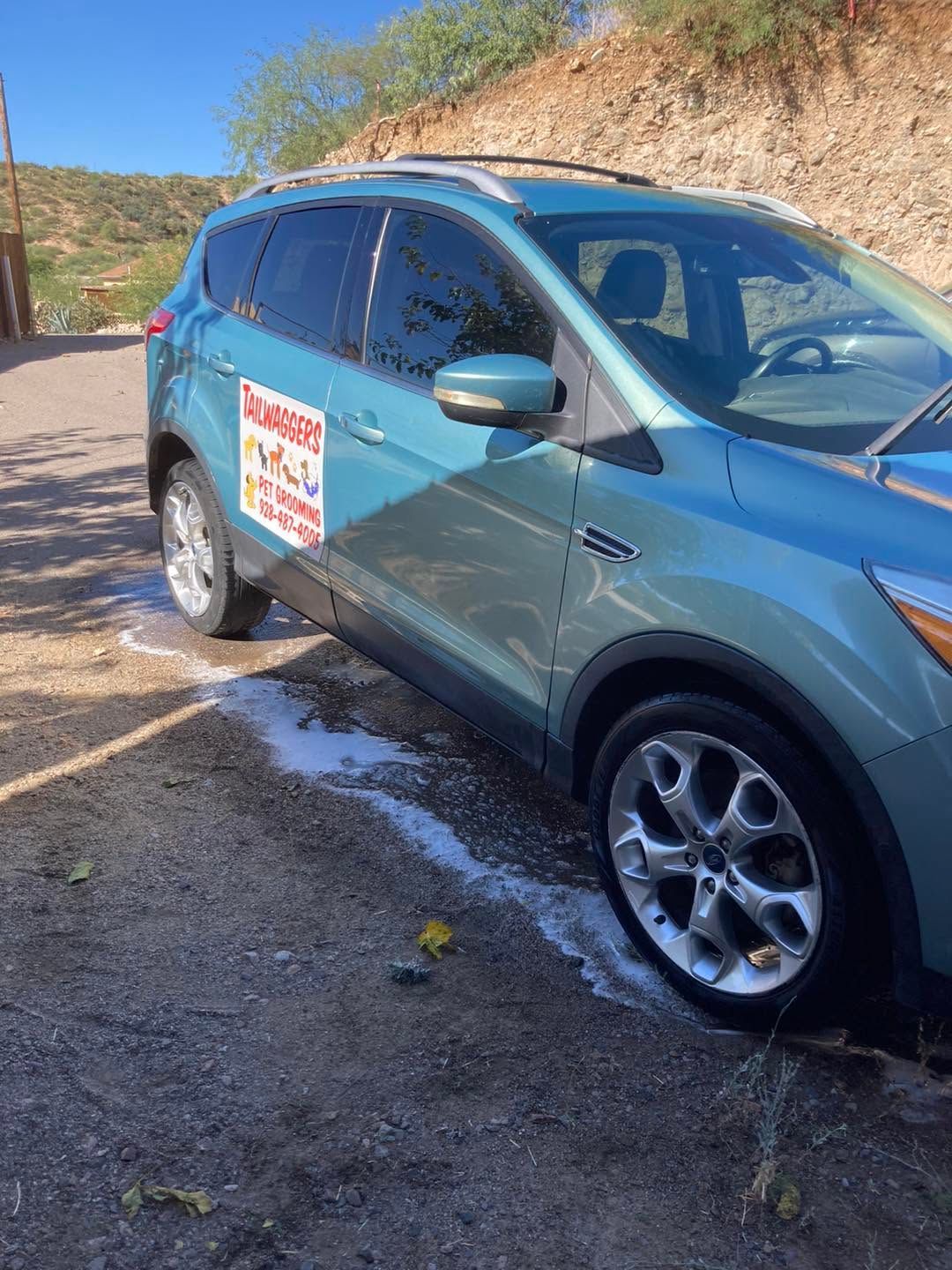 Blue SUV parked on a muddy roadside with a sign on the door in bright sunlight