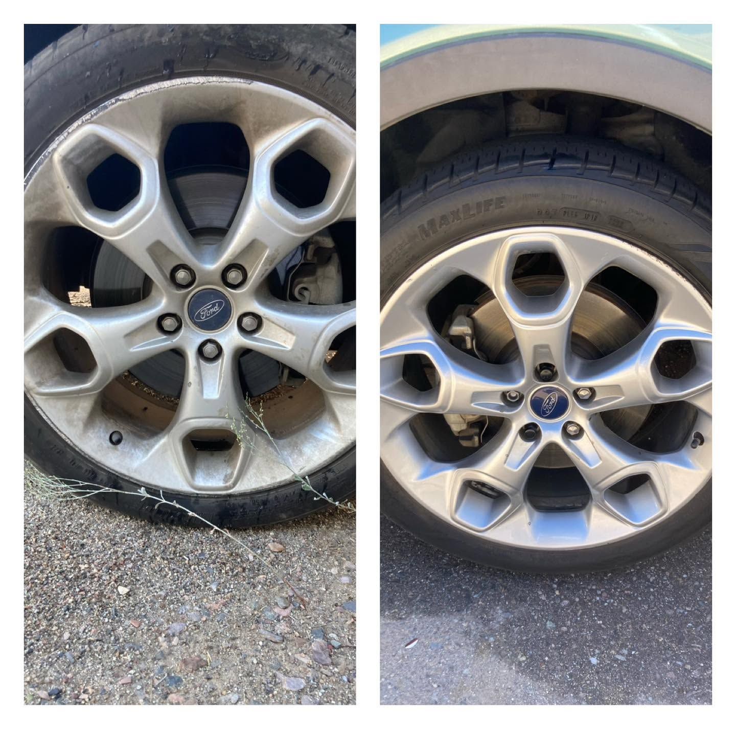 Two silver car wheels with five-spoke rims, shown side by side on a gravel surface.