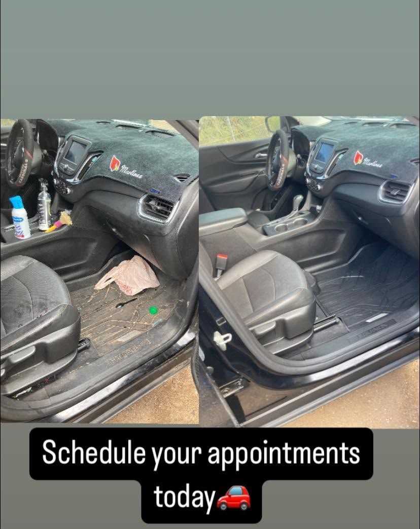 Damaged car interior with ripped seats, debris, and text: “Schedule your appointments today” ?