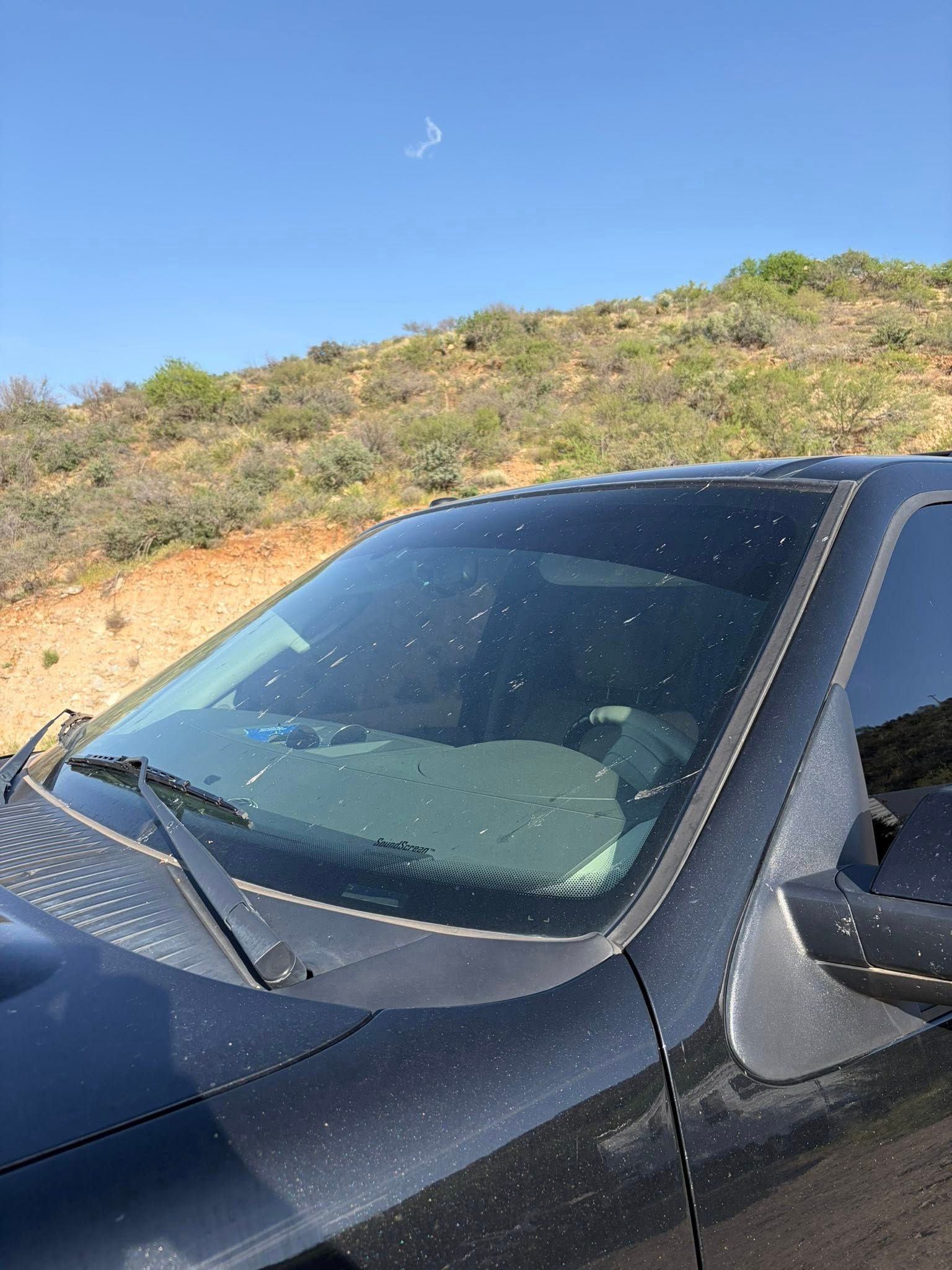 Black SUV parked by a dry hillside under a clear blue sky