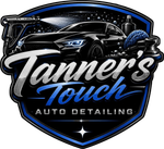 Black and blue auto detailing logo with a car and the text “Tanner’s Touch Auto Detailing”