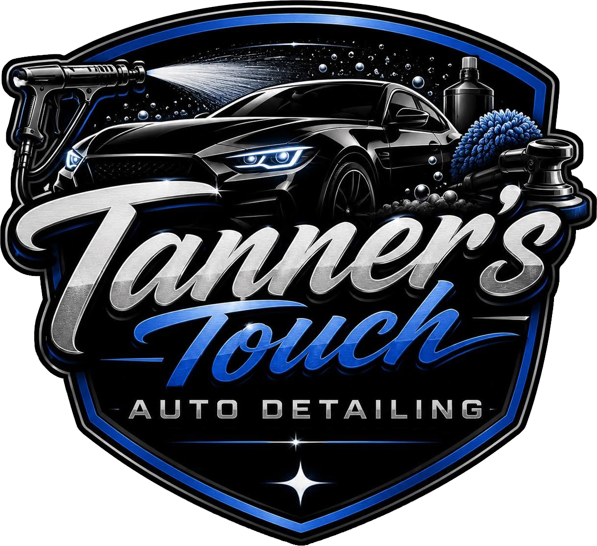 Black and blue auto detailing logo with a car and the text &ldquo;Tanner&rsquo;s Touch Auto Detailing&rdquo;